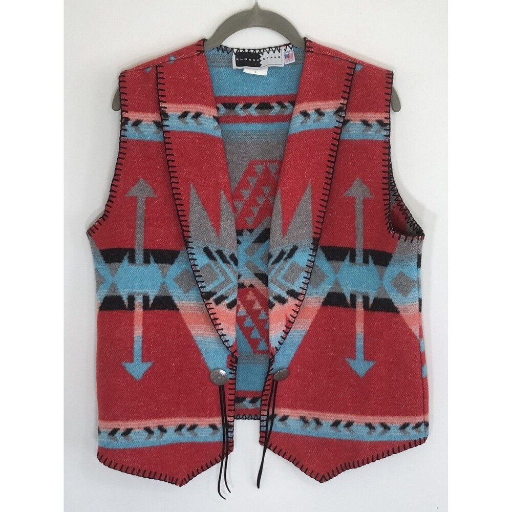 Vintage Rhonda Stark S Native Southwestern Blanket Aztec Art Vest Silver Conchos